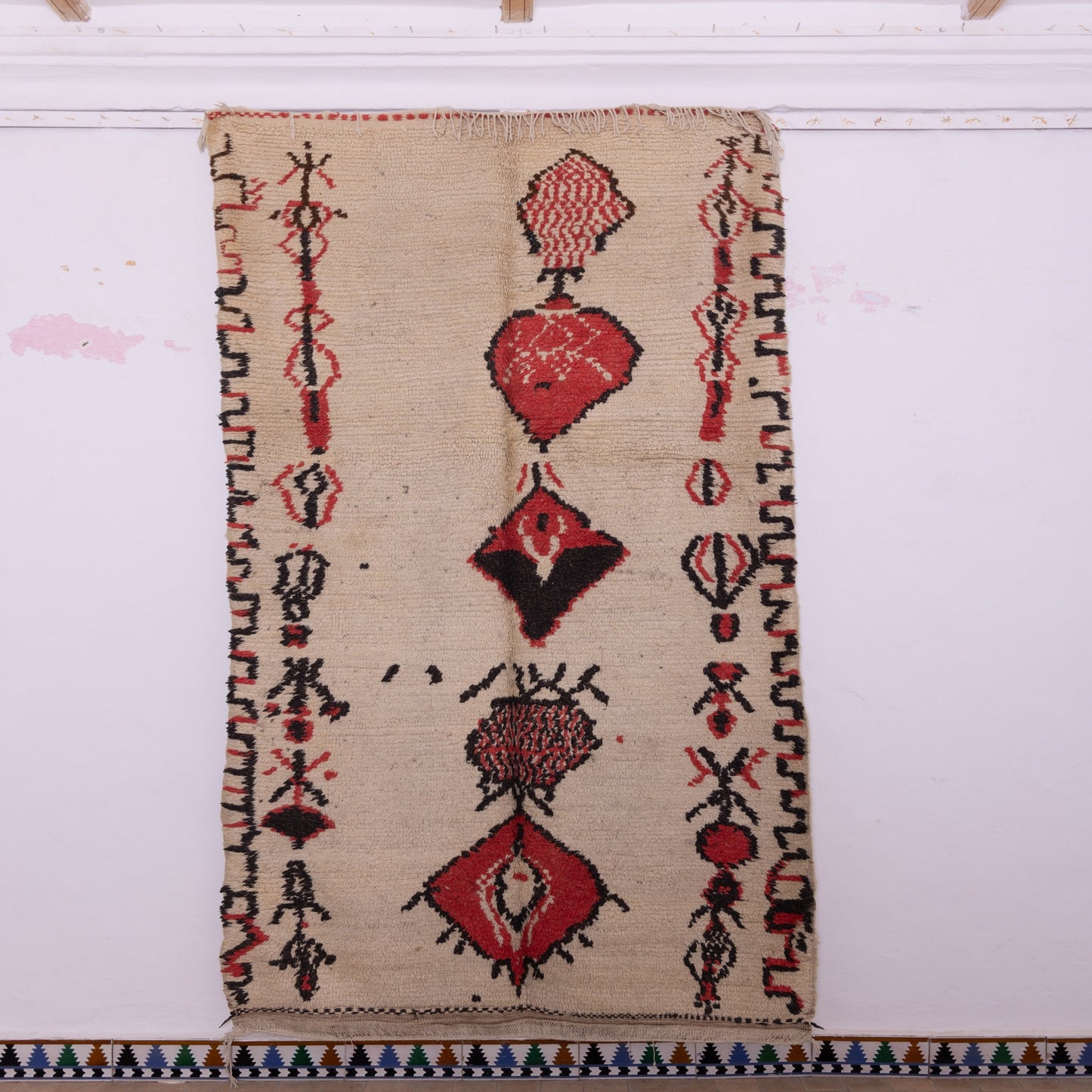 Vintage Moroccan Azilal Rug - Tribal Red & Black Motifs - Abstract Folk Art Design