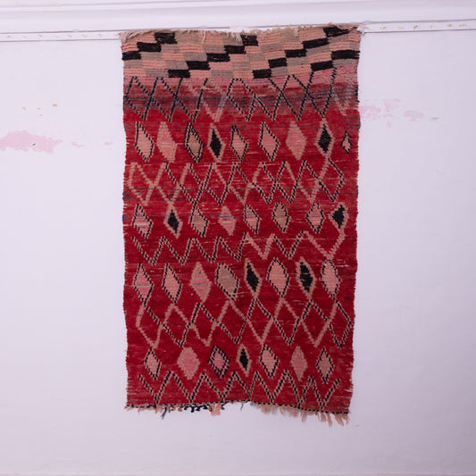 Vintage Moroccan Berber Rug – Handwoven Wool Carpet – Bold Red Diamond Pattern – Bohemian & Tribal Decor