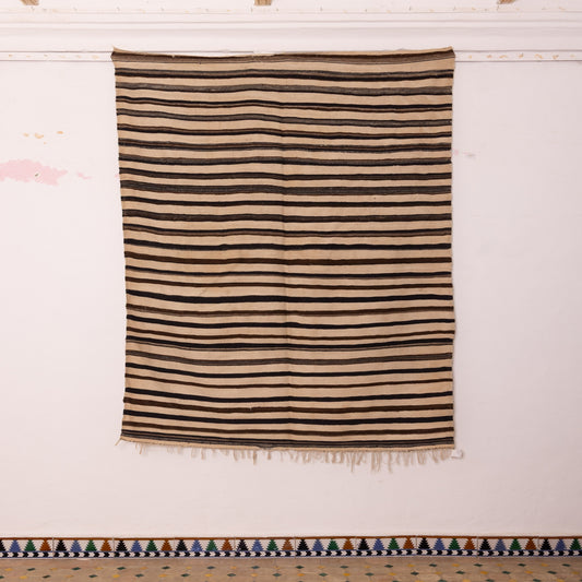 Vintage Moroccan Kilim Rug - Handwoven Berber Wool Rug - Black & Beige Striped Boho Decor