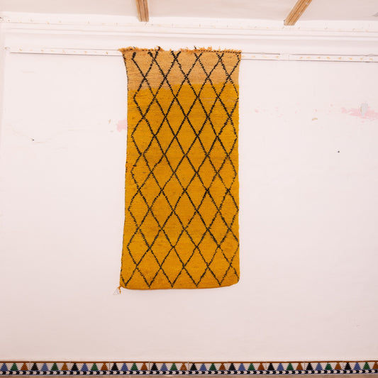 Vintage Moroccan Corridor Runner Rug - Handwoven Mustard Yellow Wool Hallway Carpet with Black Diamond Pattern - Berber Long Rug