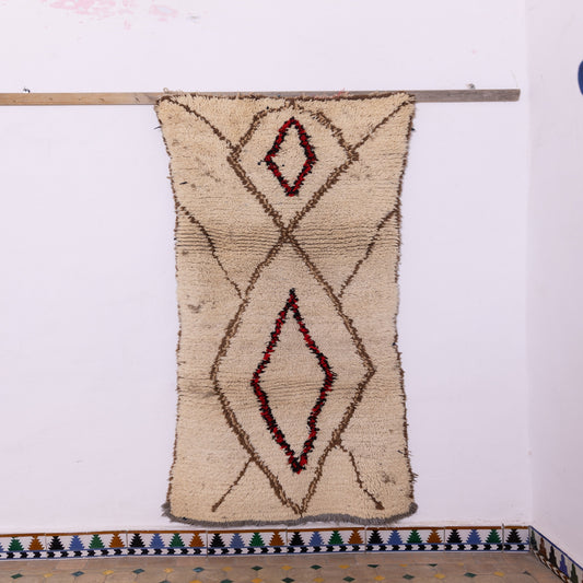 Minimalist Vintage Azilal Runner - Handwoven Moroccan Rug with Red & Black Diamond Pattern - Narrow Wool Berber Carpet