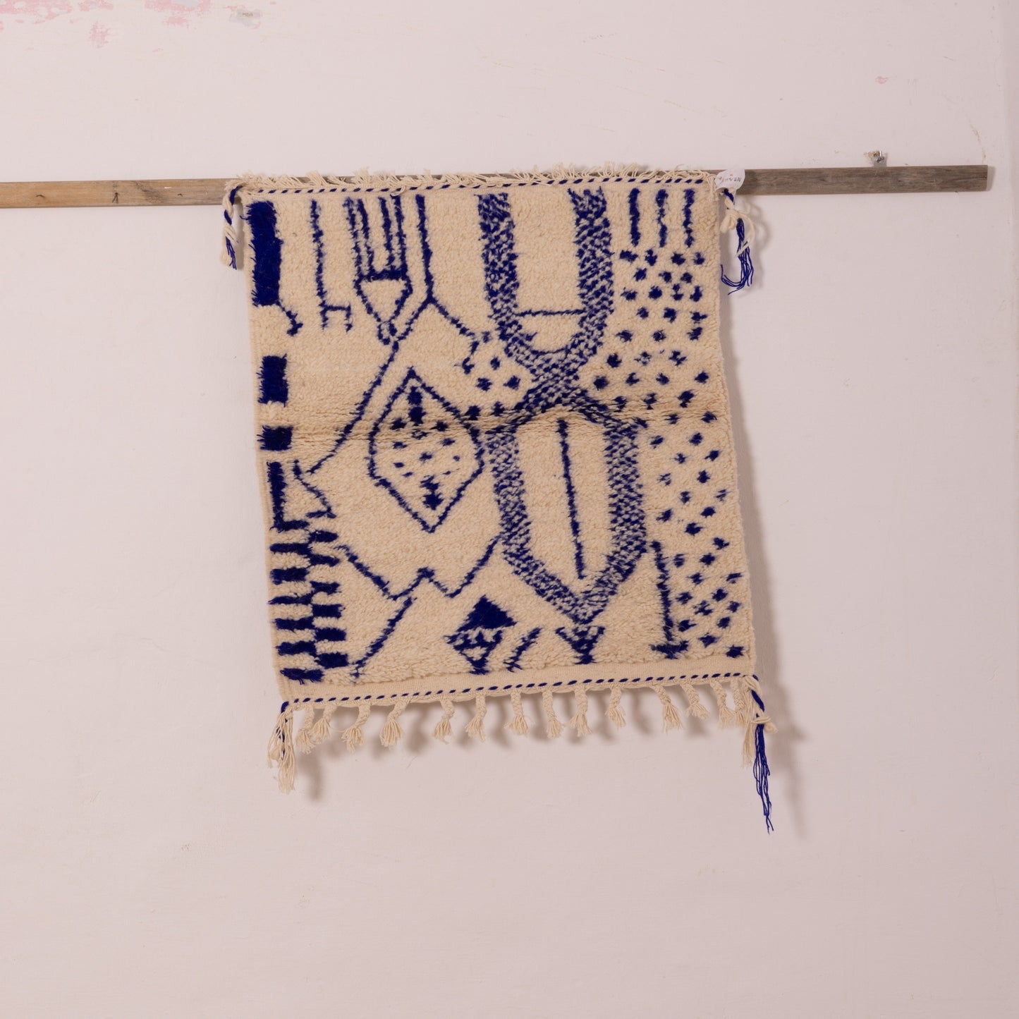 New Handmade Azilal Rug - Abstract Blue Berber Symbols on Cream - Modern Moroccan Tribal Decor for Wall or Floor