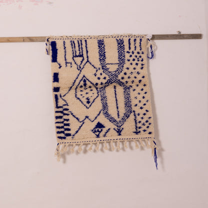 New Handmade Azilal Rug - Abstract Blue Berber Symbols on Cream - Modern Moroccan Tribal Decor for Wall or Floor