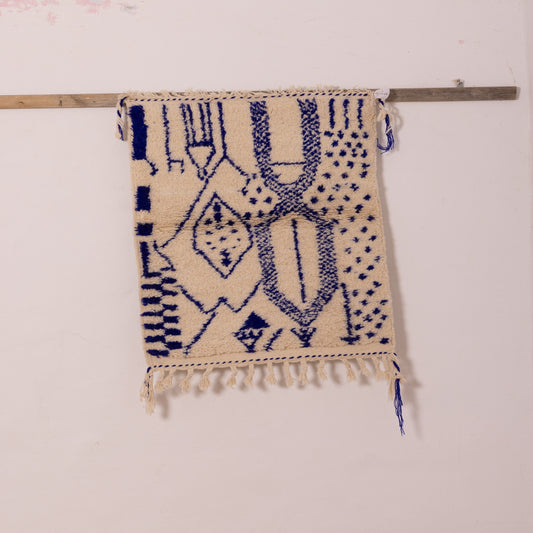 New Handmade Azilal Rug - Abstract Blue Berber Symbols on Cream - Modern Moroccan Tribal Decor for Wall or Floor