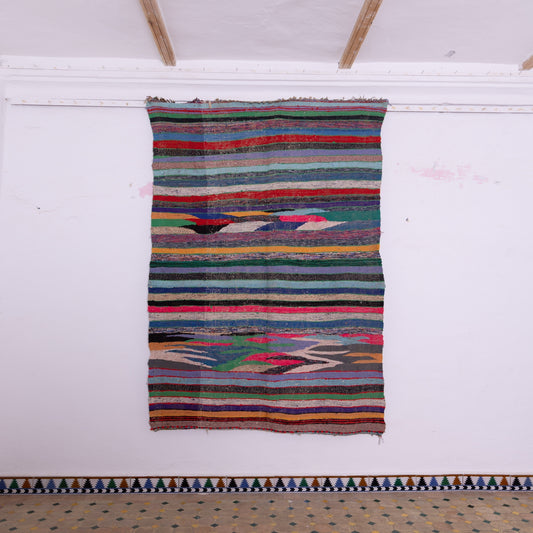 Vintage Moroccan Boucherouite Rug – Handwoven Striped Berber Carpet – Colorful Boho Floor Decor