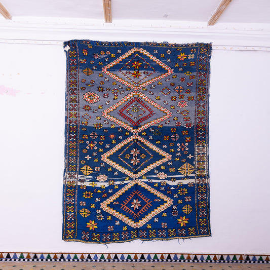 Vintage Moroccan Bjaad Rug – Handwoven Wool Berber Carpet in Deep Blue with Geometric Tribal Symbols – Bohemian Home Decor
