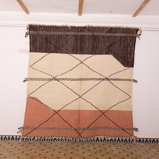 Large Akhnif Rug – Handwoven Moroccan Flatweave in Terracotta, Beige & Brown – Minimalist Tribal Diamond Design – Berber Wool Carpet
