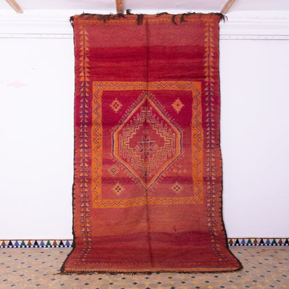 Vintage Moroccan Rehamna Rug – Handwoven Berber Carpet with Deep Red & Orange Geometric Motifs ; 12,96 ft / 5,54 ft