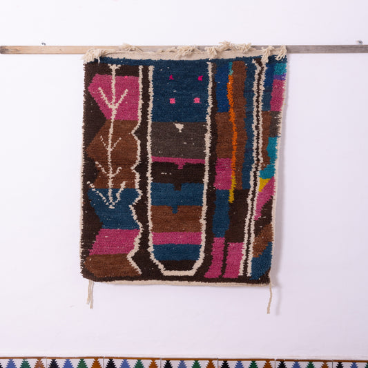 Vertical Abstract Boujad Rug – New Moroccan Wool Rug – Teal, Fuchsia & Earth Tones – Handmade Berber Wall Hanging – Tribal Symbolic Decor