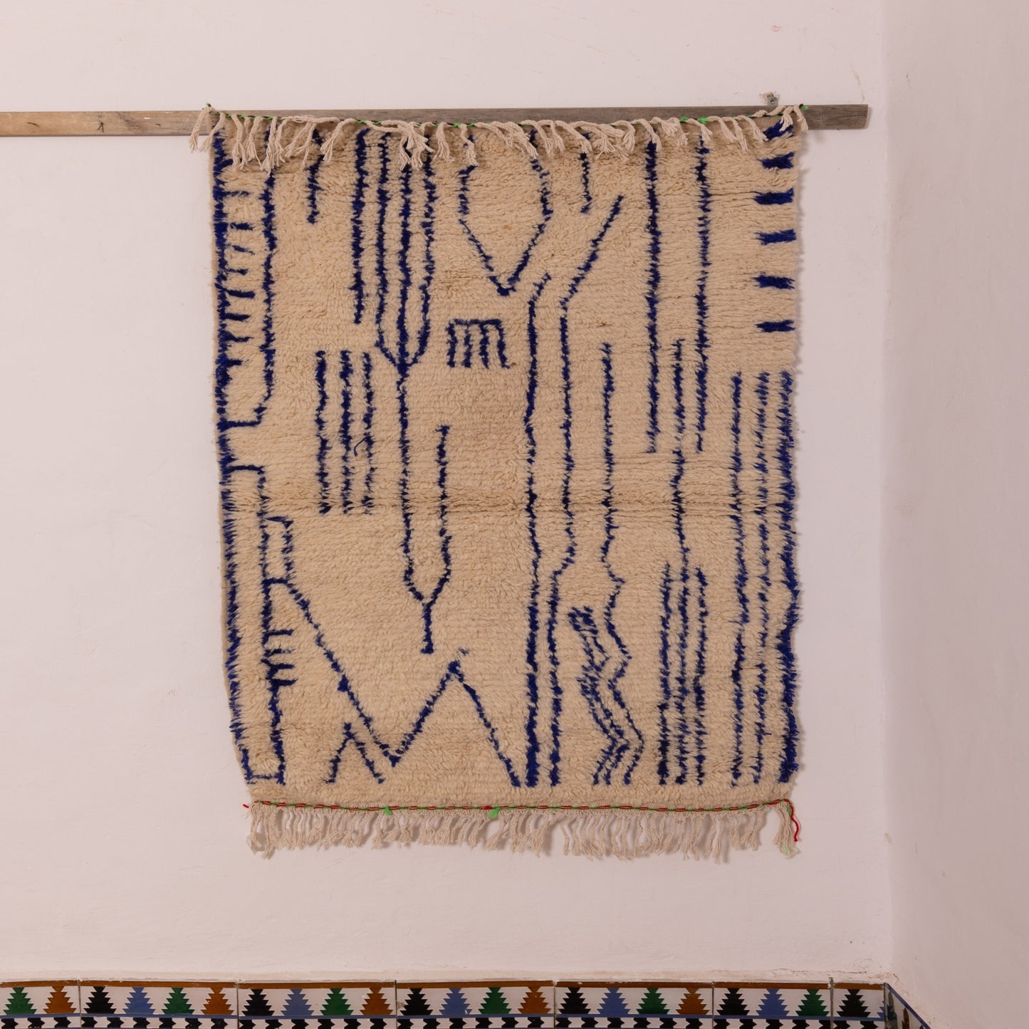 Handwoven Moroccan Wool Rug - Modern Abstract Line Pattern in Indigo on Cream - Berber Art Decor Carpet