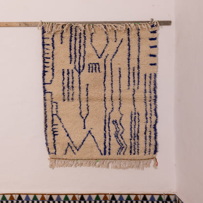 Handwoven Moroccan Wool Rug - Modern Abstract Line Pattern in Indigo on Cream - Berber Art Decor Carpet