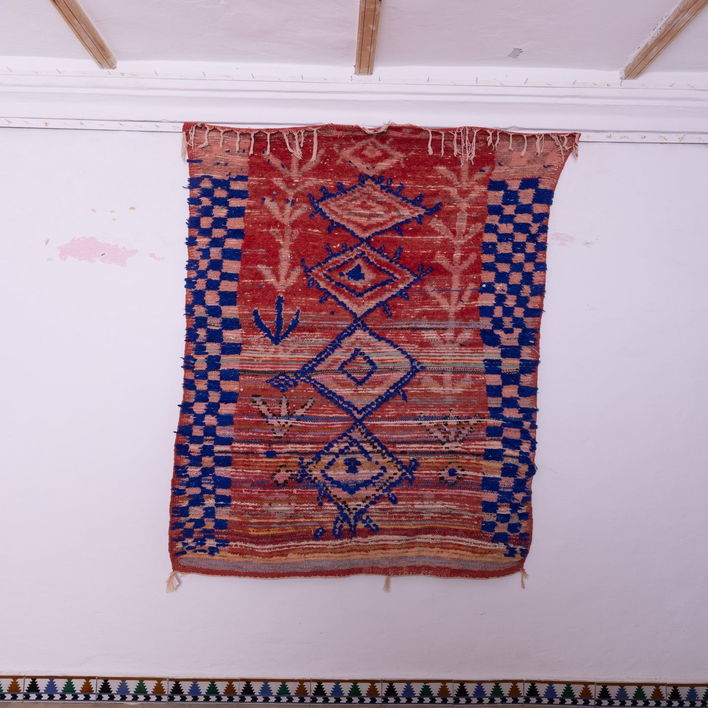 Vintage Moroccan Boujad Rug – Handwoven Wool Berber Carpet – Red & Blue Geometric Tribal Rug