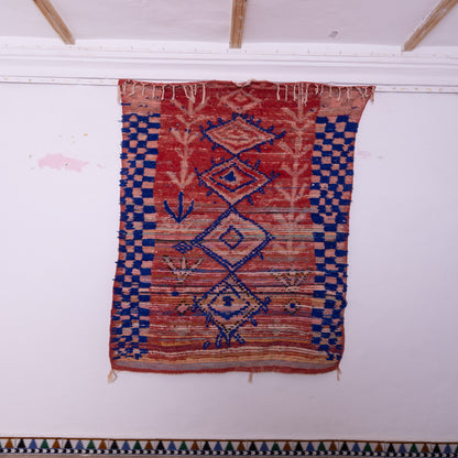 Vintage Moroccan Boujad Rug – Handwoven Wool Berber Carpet – Red & Blue Geometric Tribal Rug