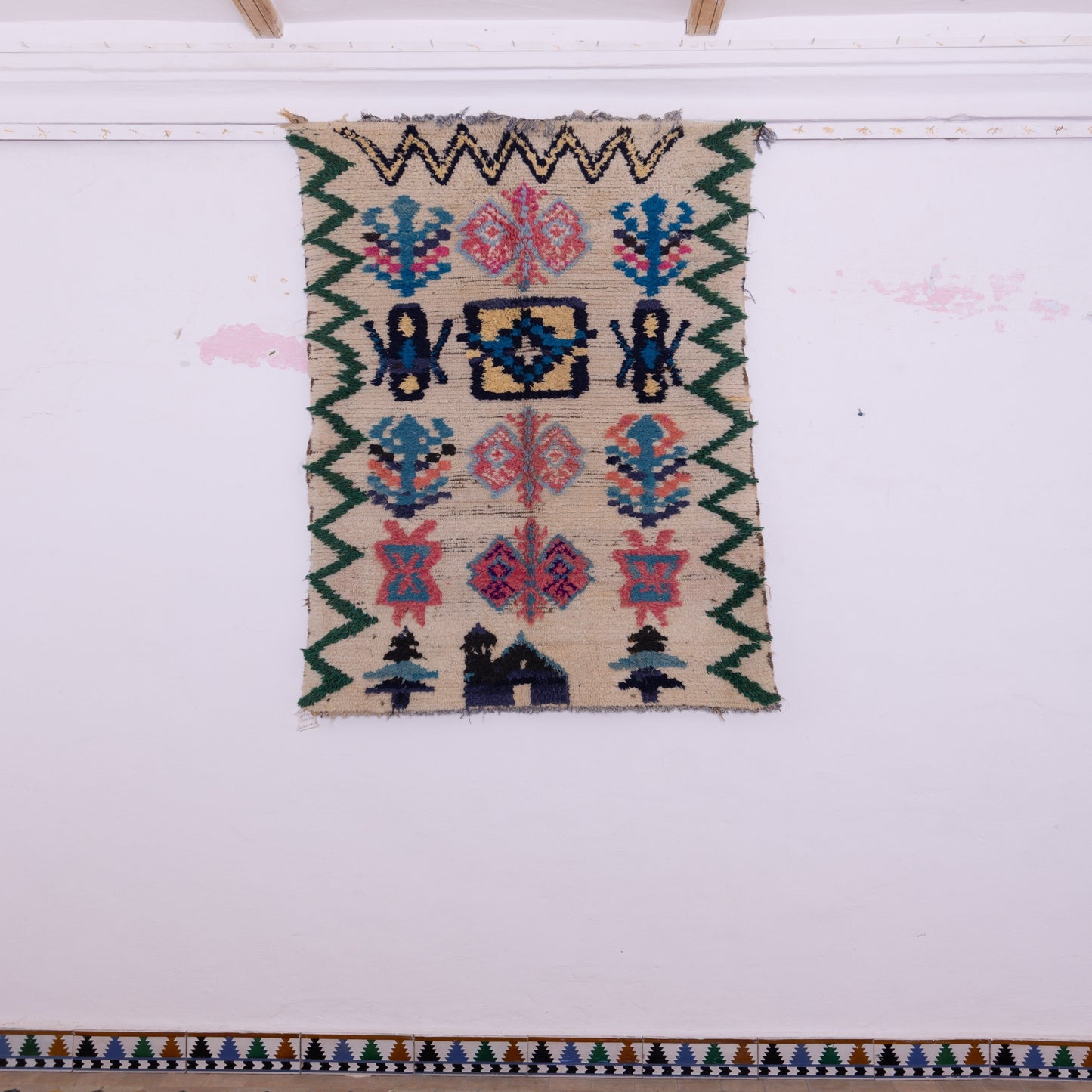 Symbolic Village Rug - Handwoven Moroccan Wool with Nature Motifs