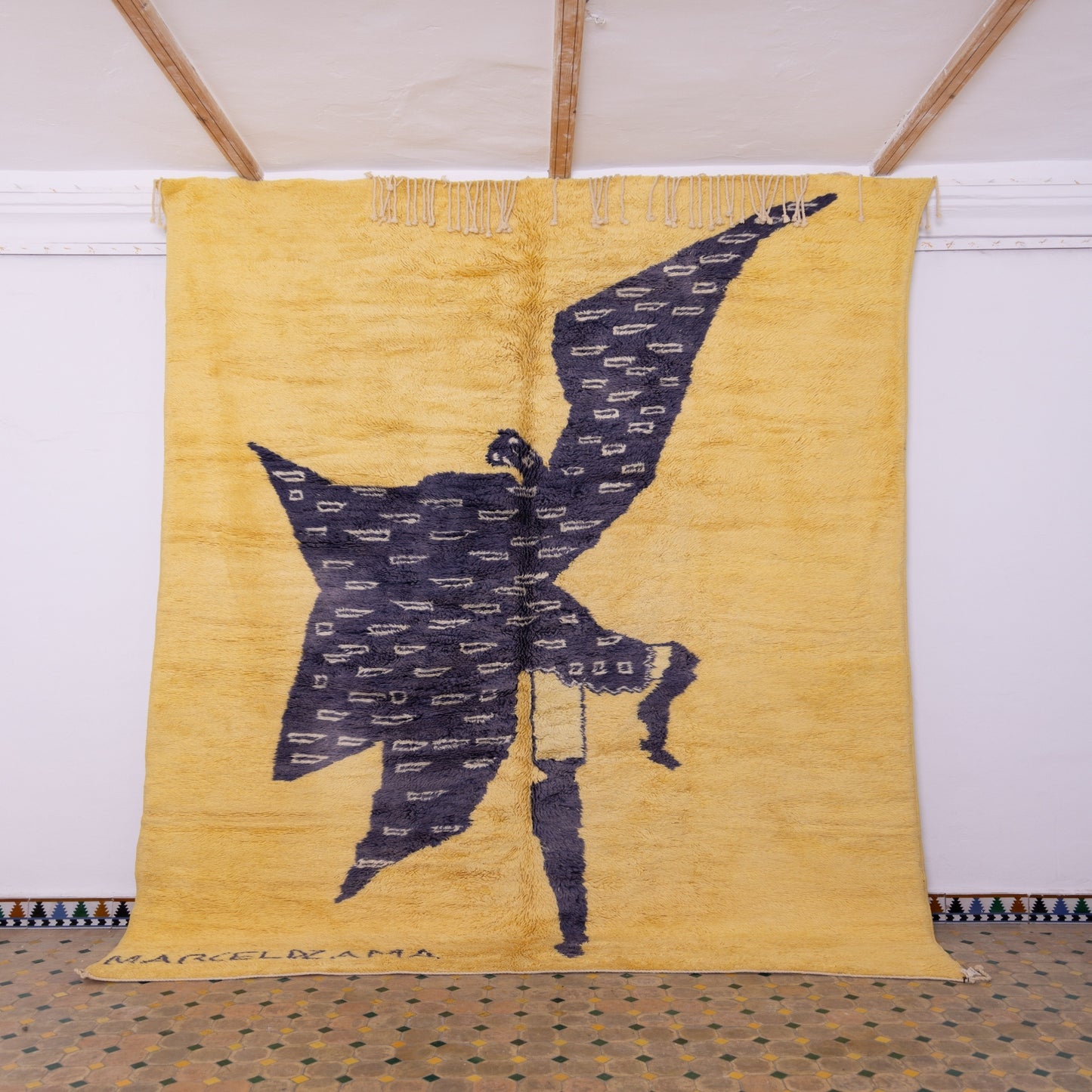 Handwoven Moroccan Mrirt Rug – Yellow & Black Artistic Berber Carpet with Abstract Figure Design
