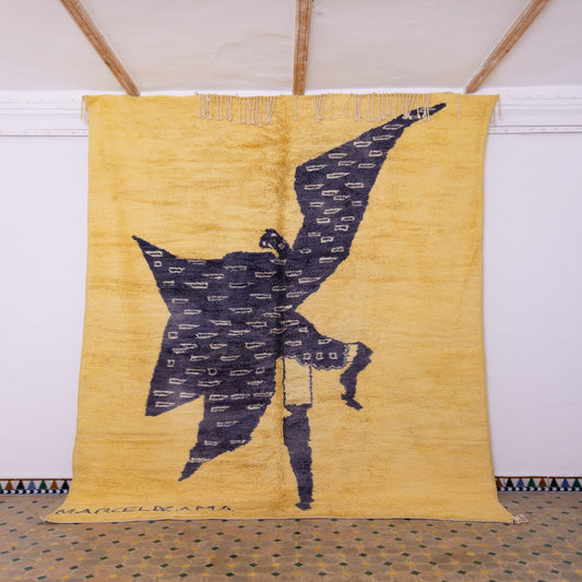 Handwoven Moroccan Mrirt Rug – Yellow & Black Artistic Berber Carpet with Abstract Figure Design