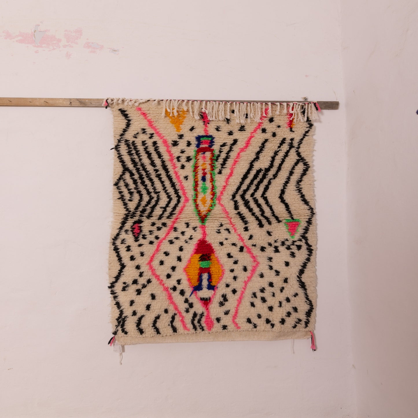 Vibrant Moroccan Azilal Wool Rug - Handwoven Tribal Art with Neon Accents - Boho Wall or Floor Decor