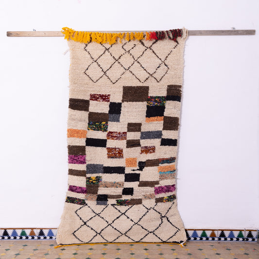 Vintage Azilal Rug – Handwoven Moroccan Wool Runner with Colorful Abstract Patchwork & Diamond Motifs – 100% Wool Tribal Boho Rug