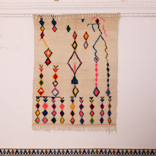 Colorful Azilal Rug - 80% Wool 20% Cotton - Handwoven Moroccan Tribal Carpet - Bright Geometric Berber Design | Bohemian Wall or Floor Art