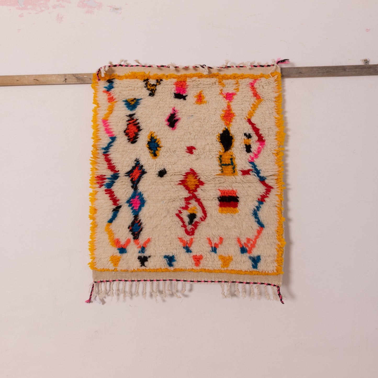 New Handmade Azilal Wool Rug - Vibrant Geometric Design with Yellow Border - Moroccan Tribal Decor for Wall or Floor