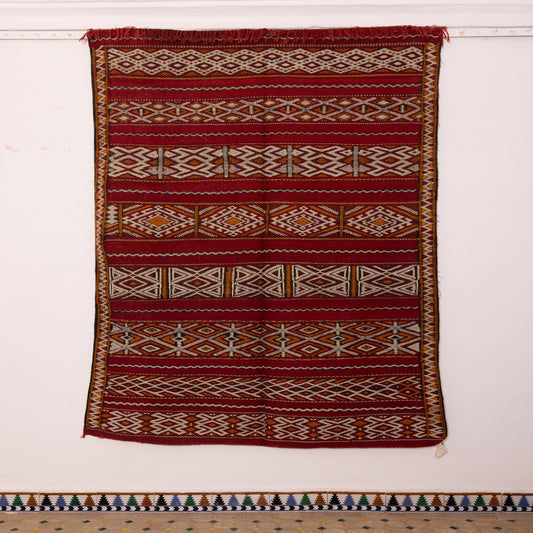 Vintage Moroccan Kilim Rug - Handwoven Berber Wool Carpet - Red Tribal Flatweave