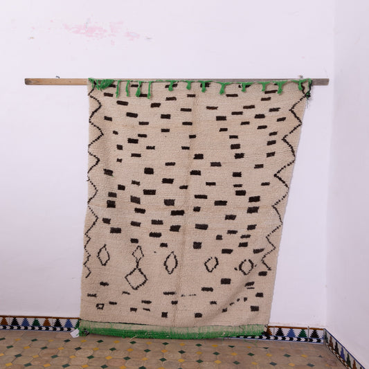Minimalist Vintage Azilal Rug - Handwoven Moroccan Wool Runner with Black Dots & Diamonds - Berber Neutral Boho Decor