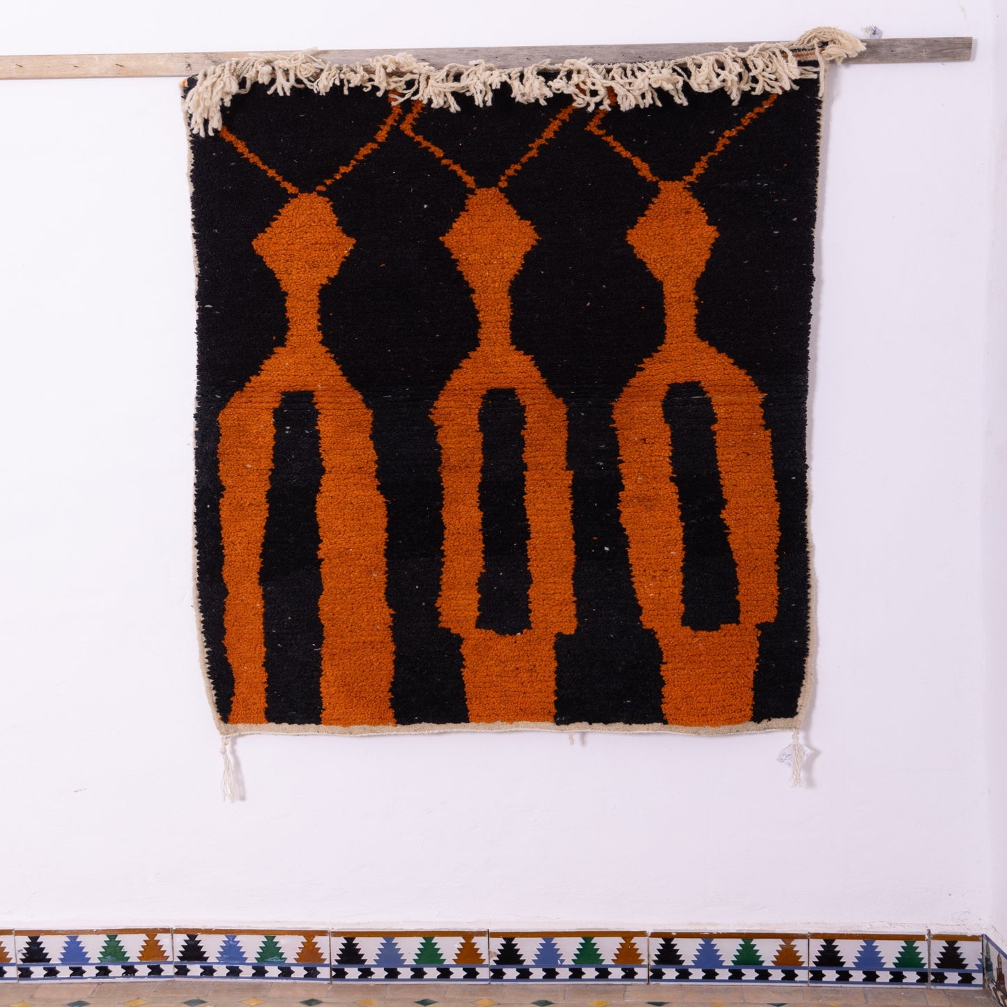 Minimalist Boujad Rug – New Moroccan Wool Rug – Burnt Orange & Black Tribal Figures – Handwoven Berber Wall Art or Floor Accent