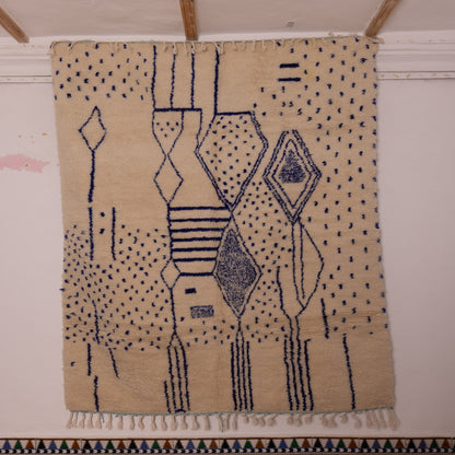 Handmade Azilal Rug - Moroccan Tribal Wool & Cotton Carpet - Abstract Blue Pattern on Cream - Boho Berber Decor