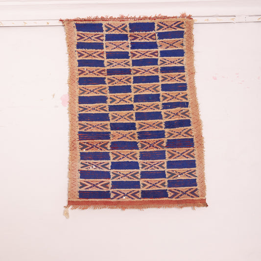 Vintage Moroccan Berber Rug - Handwoven Wool Rug with Bold Blue & Geometric Patterns