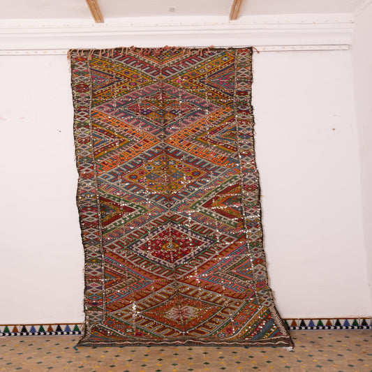 Vintage Moroccan Handwoven Wedding Blanket - Colorful Berber Handira with Sequin Accents