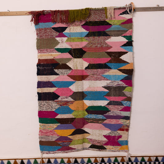 Colorful Vintage Moroccan Boucherouite Rug – Handmade Berber Rag Rug with Geometric Pattern