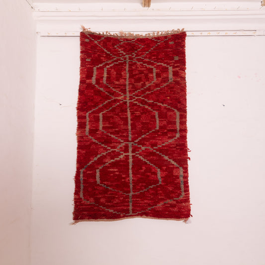 Vintage Moroccan Corridor Rug - Deep Red Wool Runner - Berber Handwoven Hallway Carpet