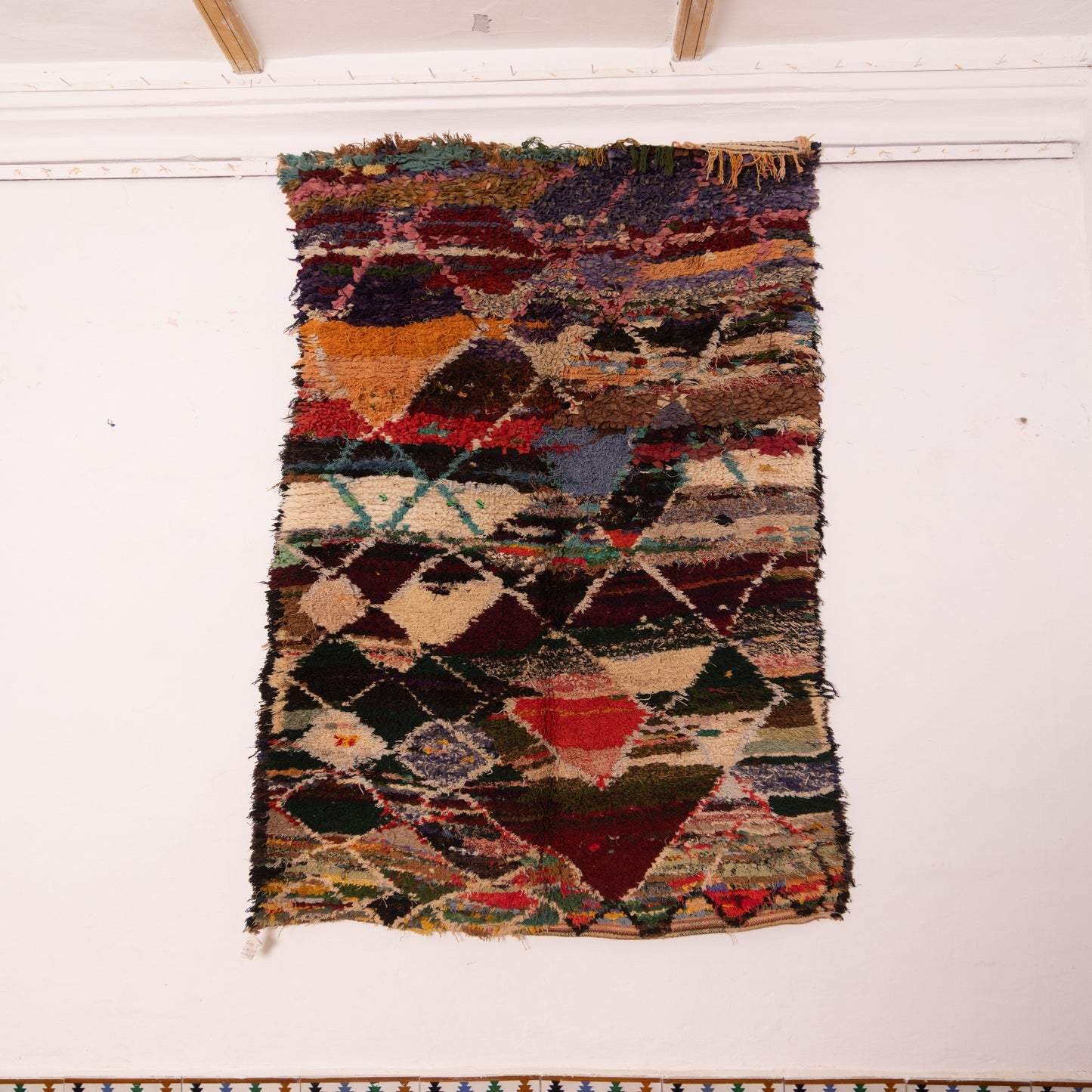 Vintage Moroccan Boucherouite Rug – Handwoven Bohemian Berber Carpet with Bold Geometric Patterns