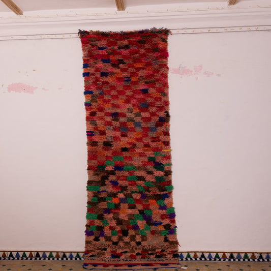 Vintage Moroccan Corridor Runner Rug - Handwoven Wool Carpet - Colorful Geometric Block Design - Red, Green, Blue & Brown
