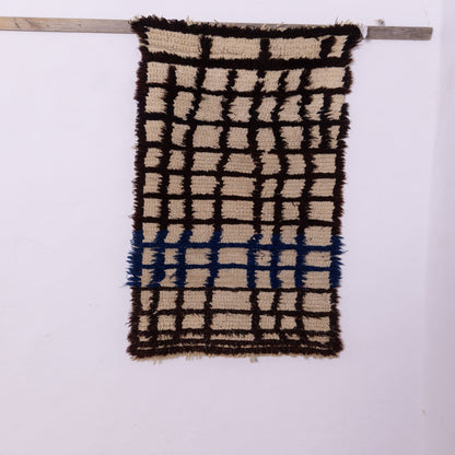 Moroccan Azilal Wool Rug with Blue Accent - Handwoven Checkered Vintage Berber Runner