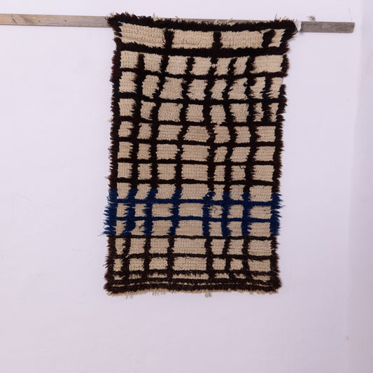 Moroccan Azilal Wool Rug with Blue Accent - Handwoven Checkered Vintage Berber Runner