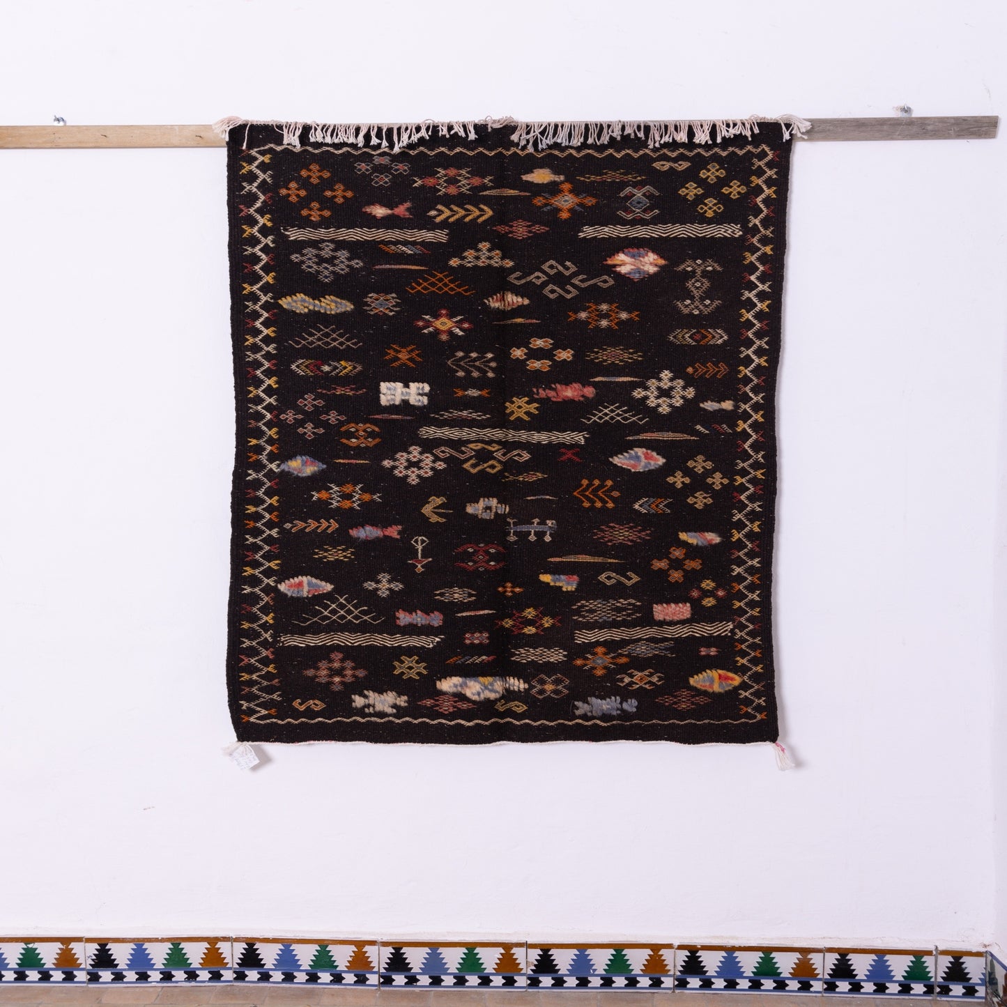 Handwoven Moroccan Akhnif Rug – Dark Berber Wool & Cotton Carpet with Vibrant Tribal Symbols