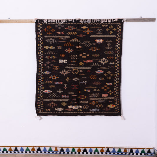 Handwoven Moroccan Akhnif Rug – Dark Berber Wool & Cotton Carpet with Vibrant Tribal Symbols