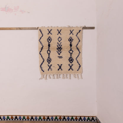 New Handmade Azilal Wool Rug - Abstract Blue Tribal Motif on Cream - Modern Moroccan Wall or Floor Decor