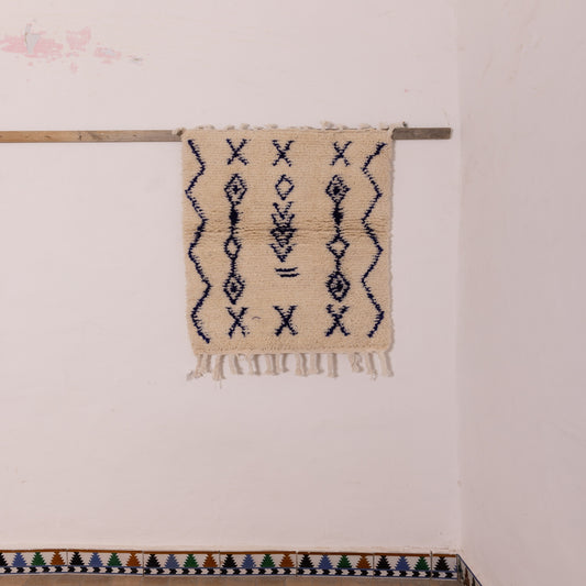 New Handmade Azilal Wool Rug - Abstract Blue Tribal Motif on Cream - Modern Moroccan Wall or Floor Decor