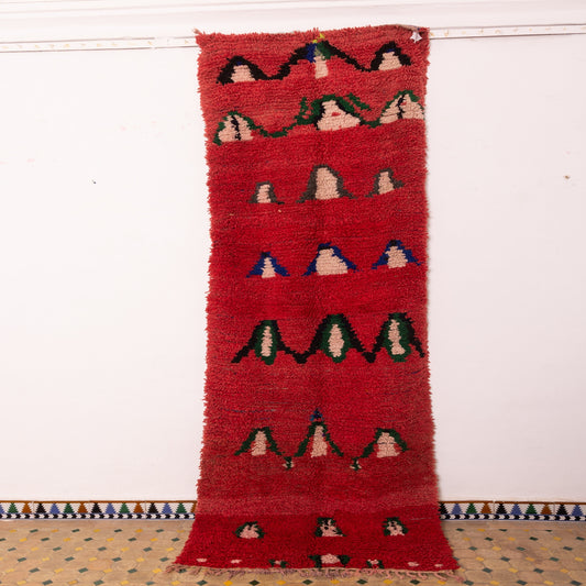 Vintage Moroccan Runner Rug - Handwoven Berber Corridor Carpet with Tribal Motifs - Red Wool Hallway Rug - Abstract Mountain Design