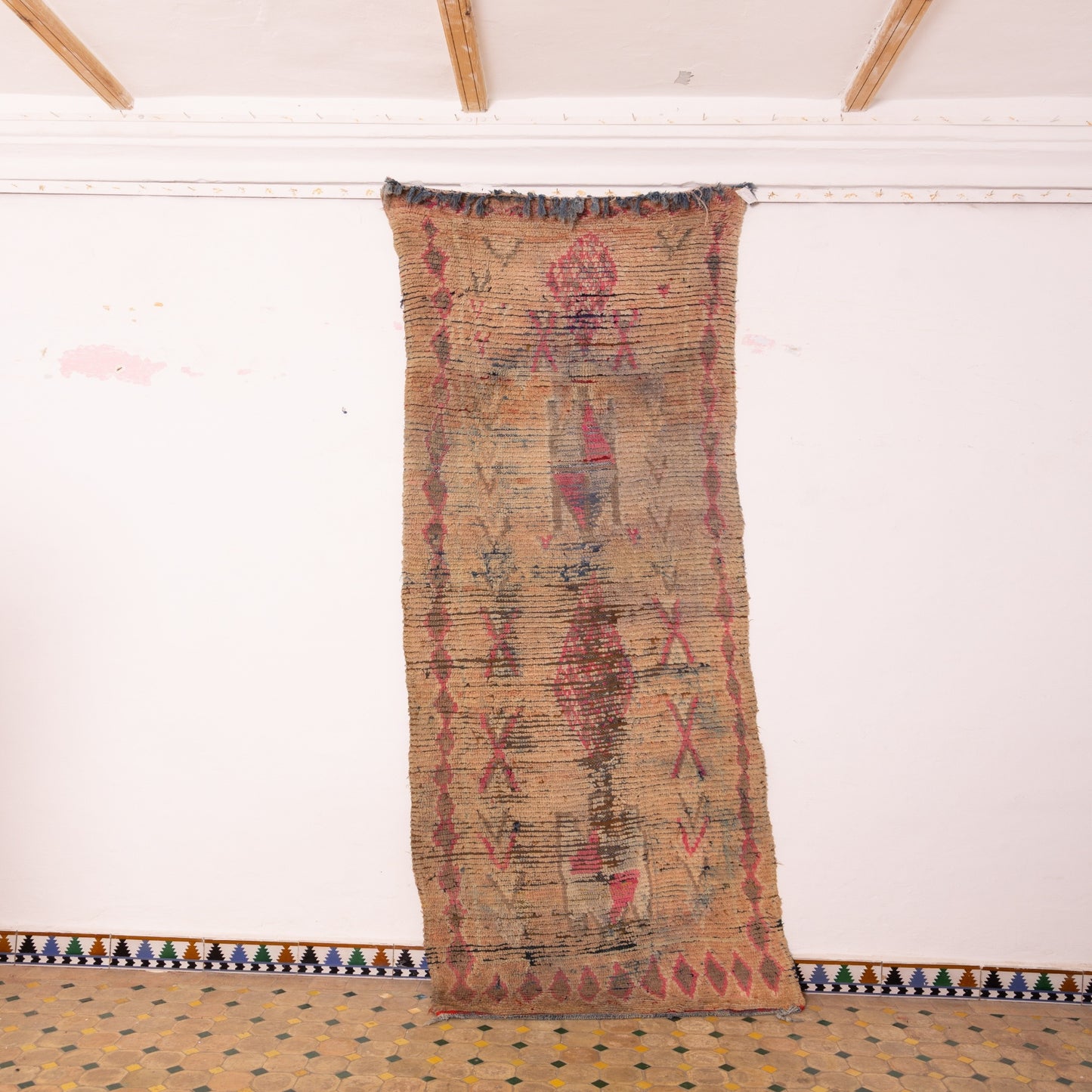 Vintage Moroccan Runner Rug - Handwoven Wool Carpet - Abstract Design in Earthy Tones with Pink & Red Accents