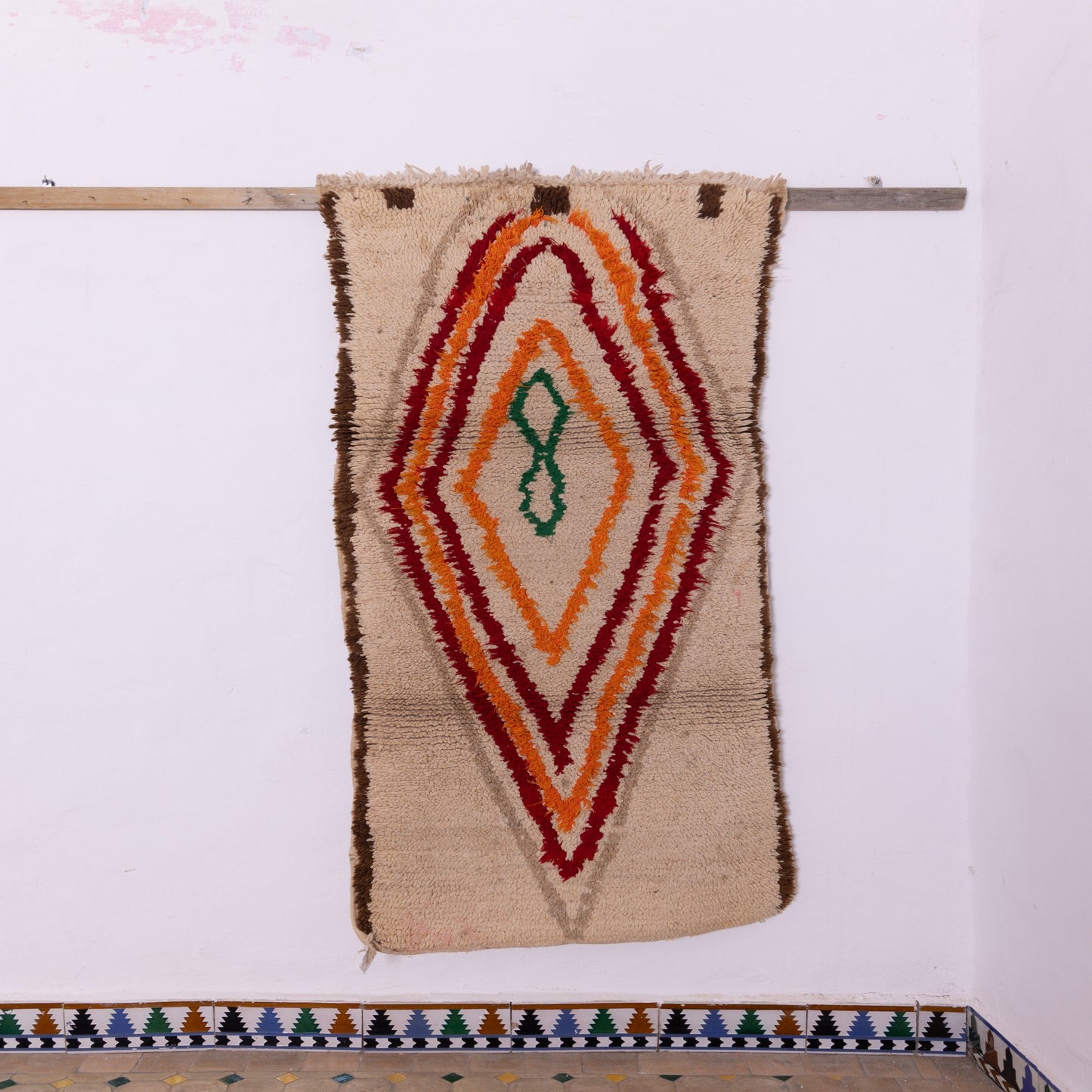 Vintage Azilal Rug - Moroccan Handwoven Wool Runner - Bold Diamond Tribal Design in Red & Orange