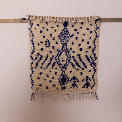 andwoven Moroccan Wool Rug - Intricate Blue Tribal Patterns on Cream - Soft & Durable