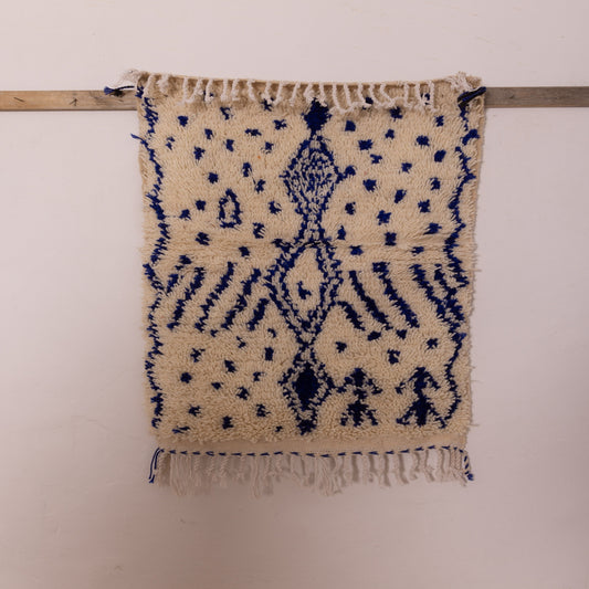 andwoven Moroccan Wool Rug - Intricate Blue Tribal Patterns on Cream - Soft & Durable