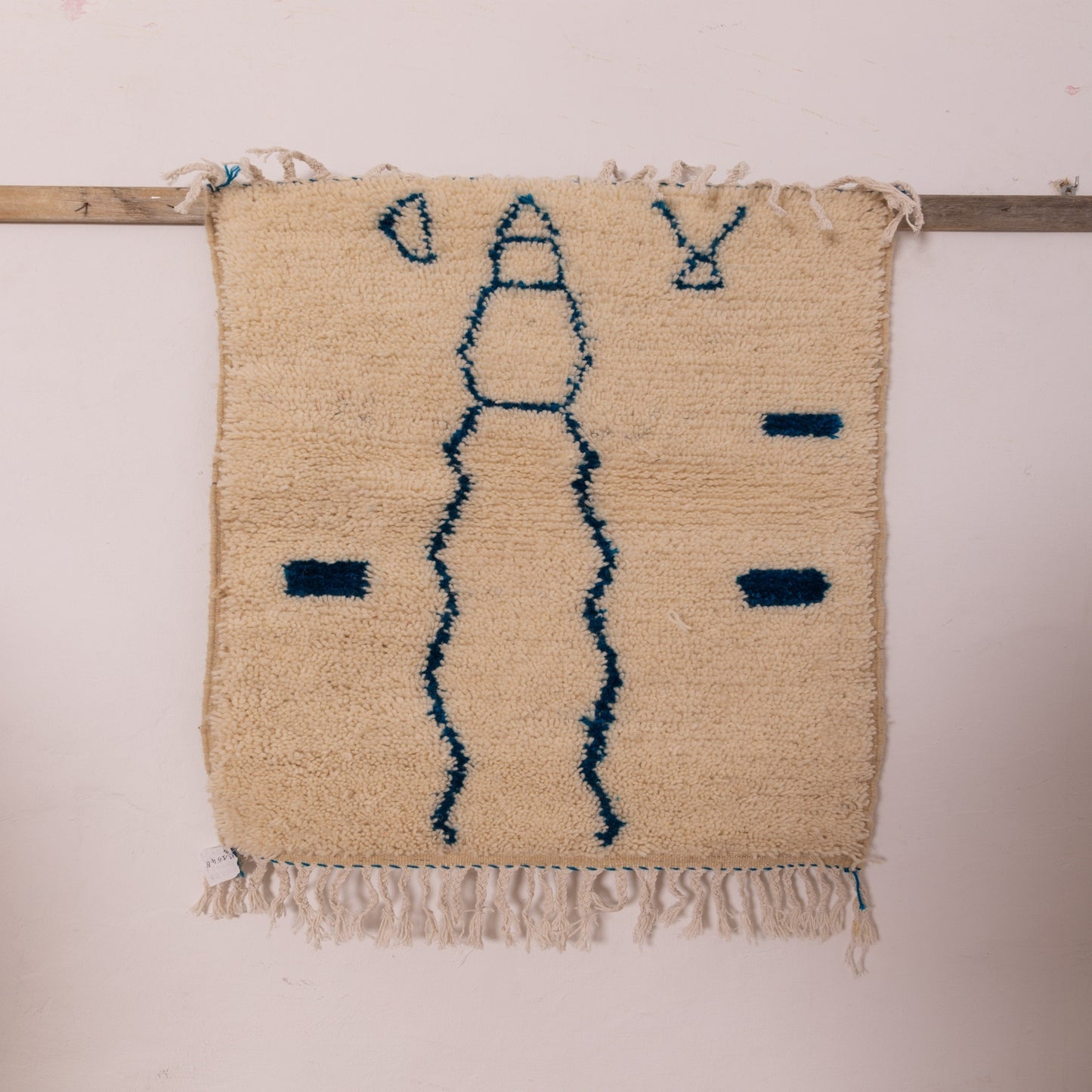 New Handmade Azilal Wool Rug - Blue Abstract Design on Cream - Modern Bohemian Wall or Floor Decor
