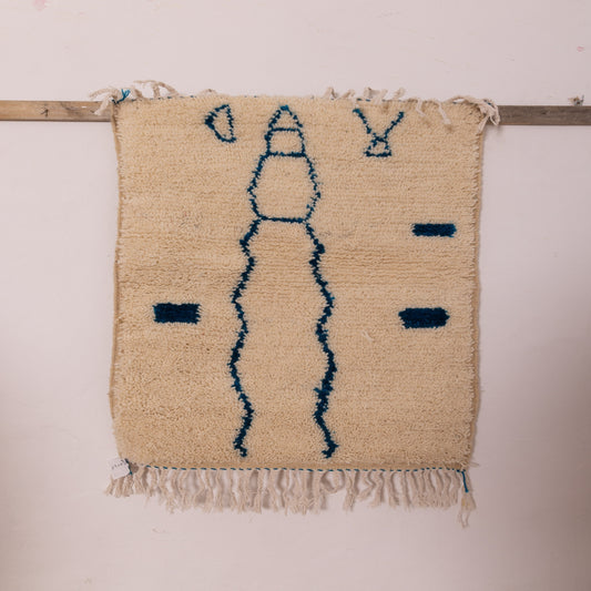 New Handmade Azilal Wool Rug - Blue Abstract Design on Cream - Modern Bohemian Wall or Floor Decor