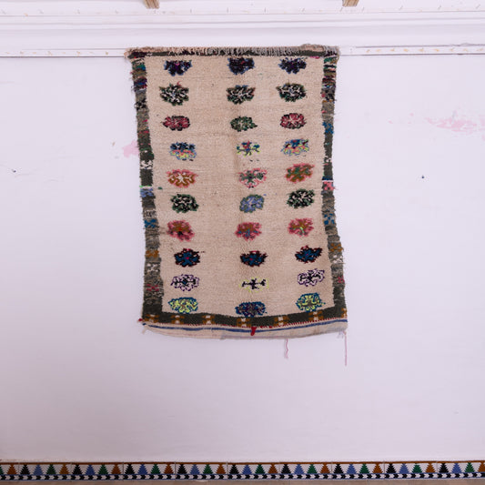 Playful Vintage Boucherouite Rug - Colorful Floral Dot Pattern on Neutral Wool