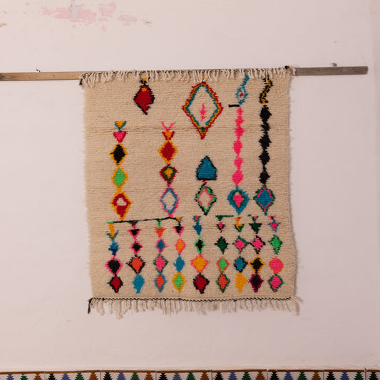 Colorful Azilal Wall Hanging Rug - 80% Wool 20% Cotton - Handmade Moroccan Small Rug - Boho Tribal Diamond Design