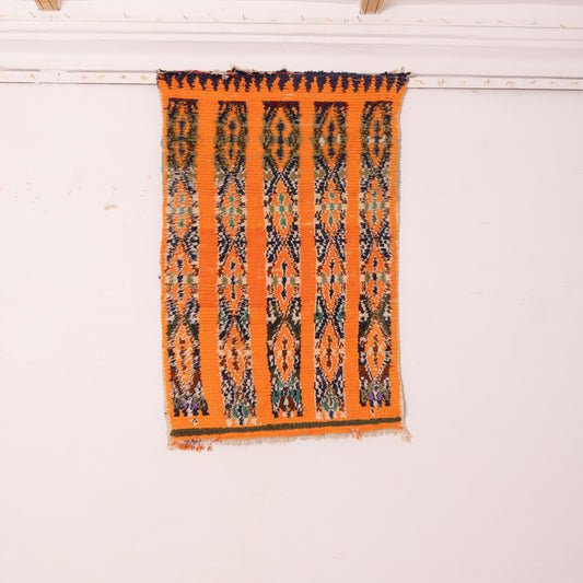 Vintage Moroccan Corridor Rug - Handwoven Orange Wool Runner with Vertical Tribal Band Design - Berber Hallway Carpet
